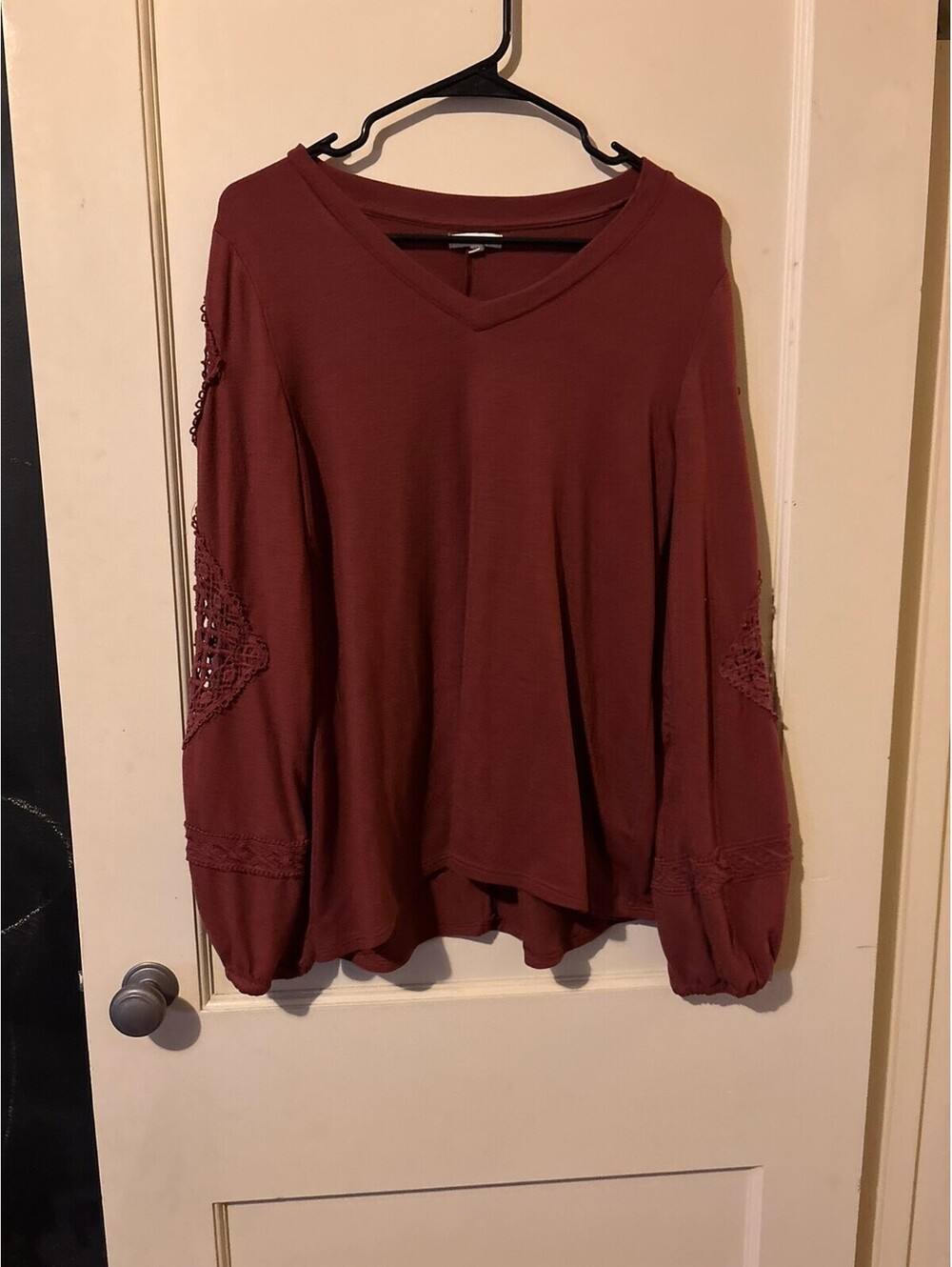 Maurices Burgundy Long Sleeve V-Neck Top with Lace Detail, Size Small